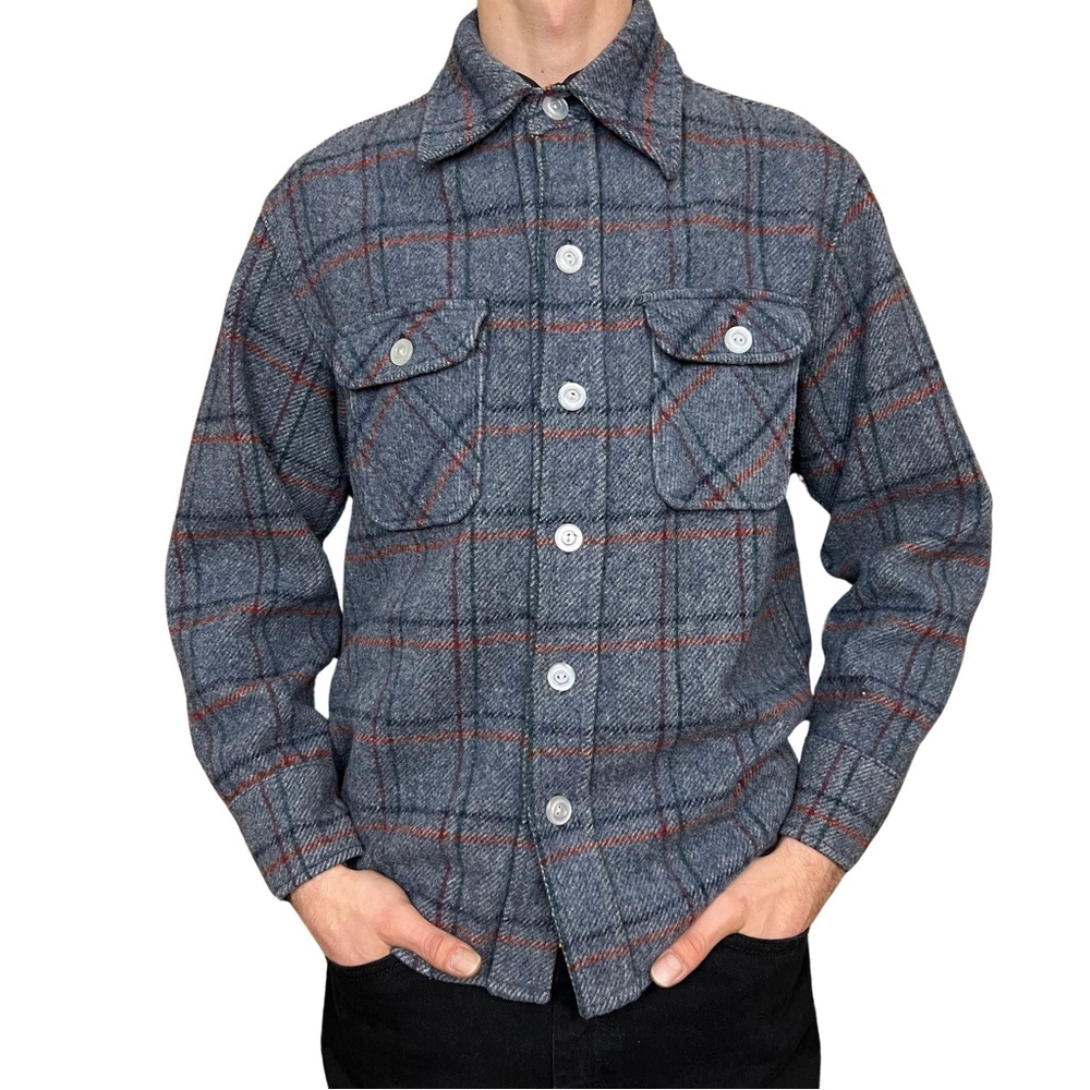 Vintage Men’s Fox Knapp Gray & Blue Plaid Jacket Dagger Collar Made in USA Large